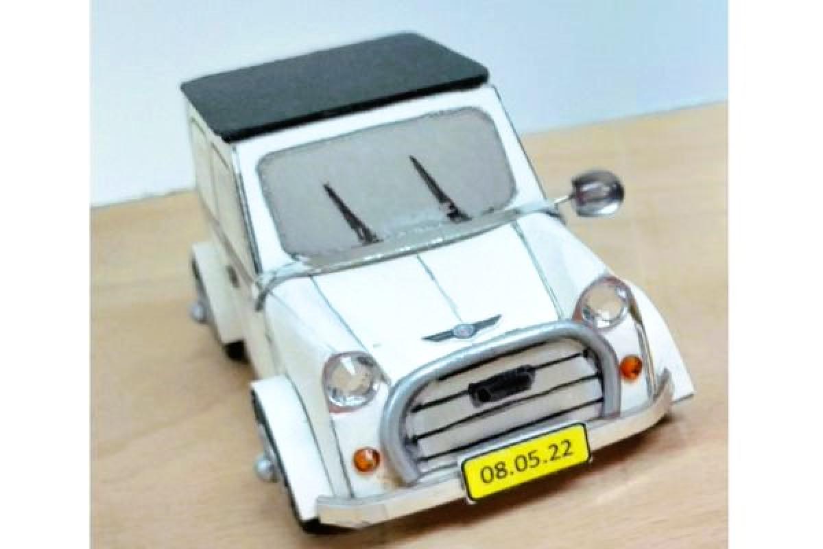 Contenant dragées thème voiture Mini Austin beige
